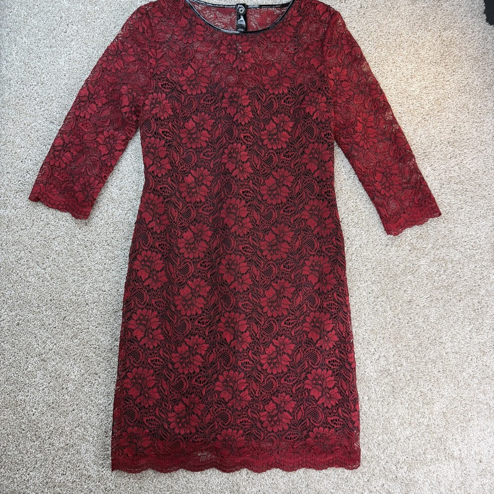 Calvin Klein Dress Womens 8 Red Floral Lace 3/4 Sleeve Sheath Short Party